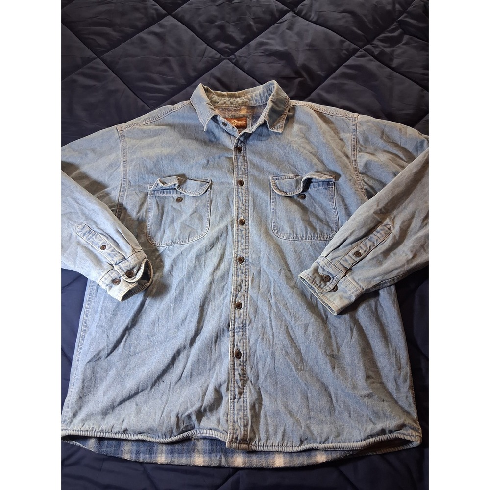 Levi Strauss Mens XL Denim Shirt Jacket Plaid Fleece Lined Light Wash‎ Blue